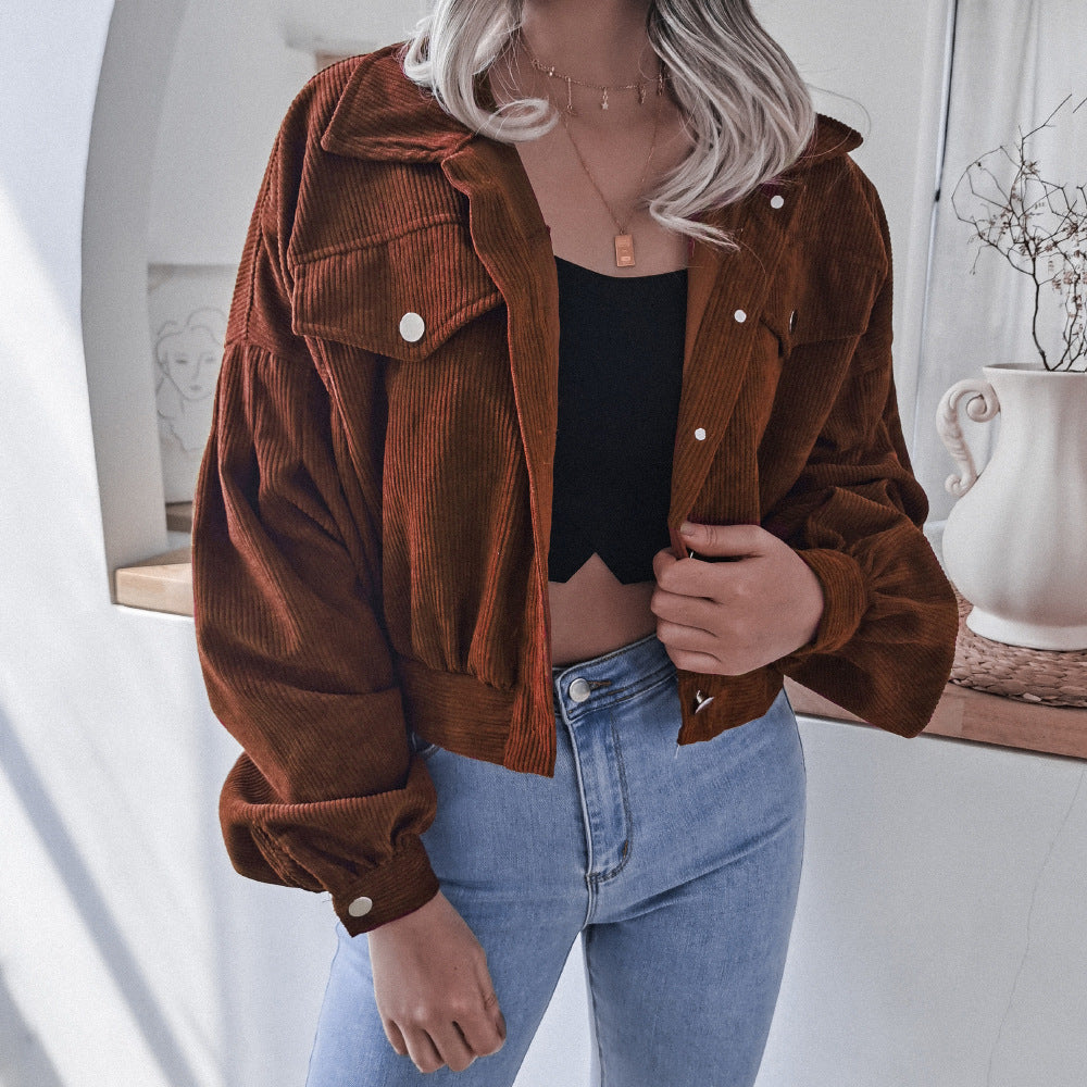 Women's Cropped Corduroy Lantern Sleeve Jacket