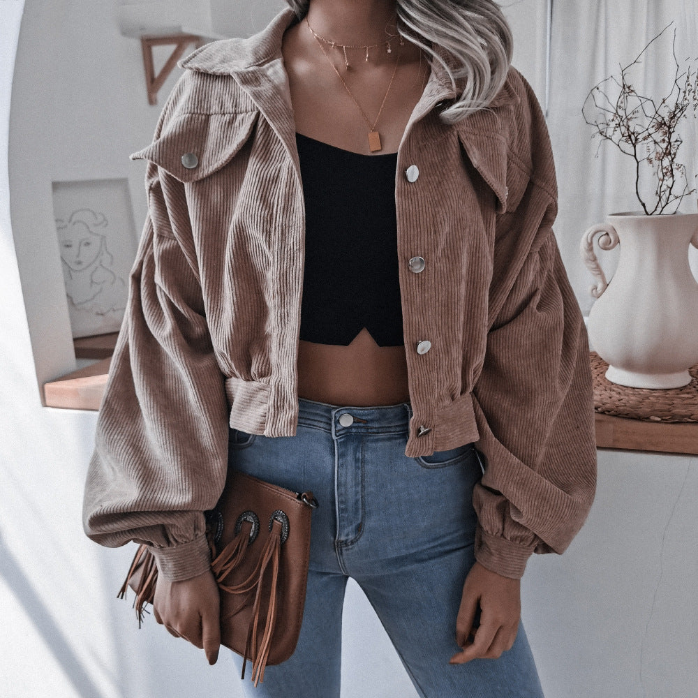 Women's Cropped Corduroy Lantern Sleeve Jacket