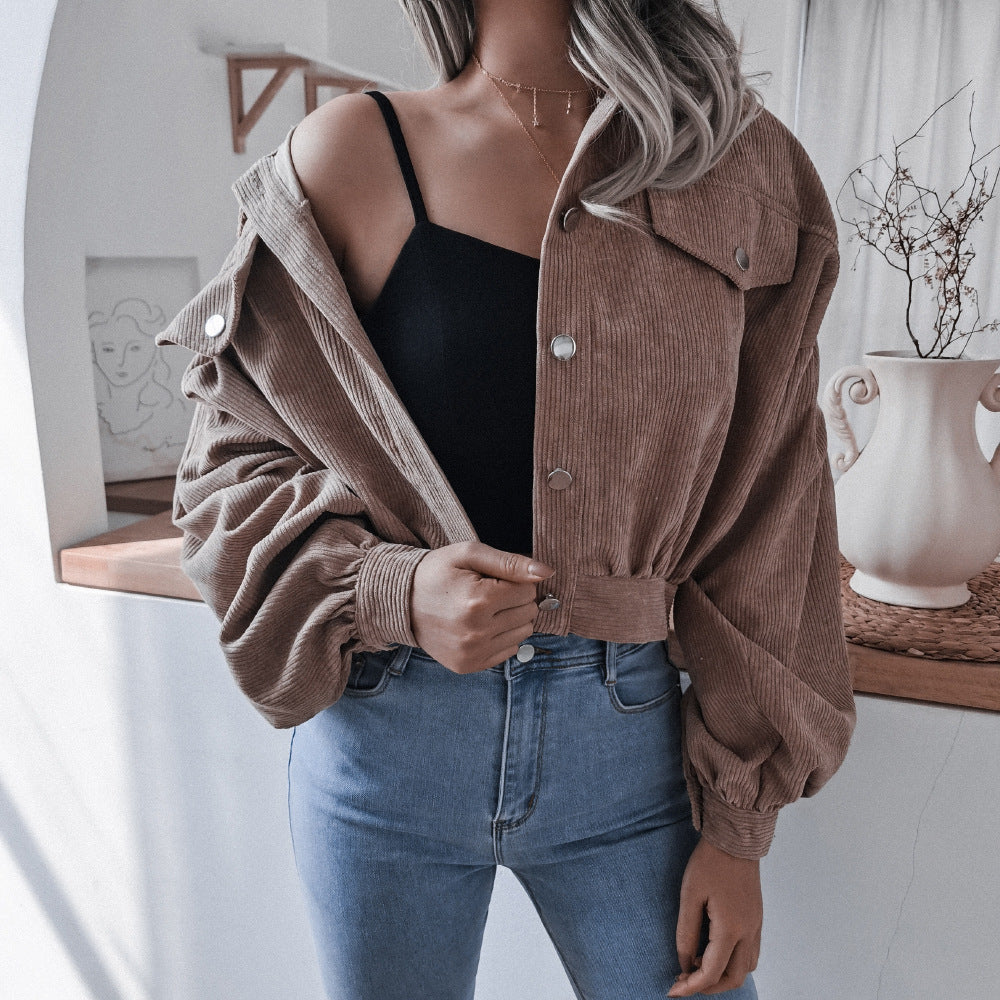 Women's Cropped Corduroy Lantern Sleeve Jacket