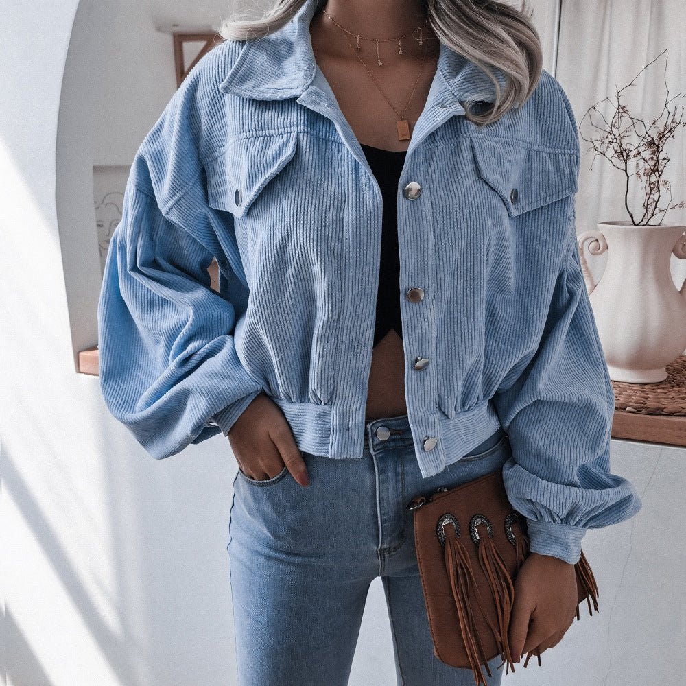 Women's Cropped Corduroy Lantern Sleeve Jacket