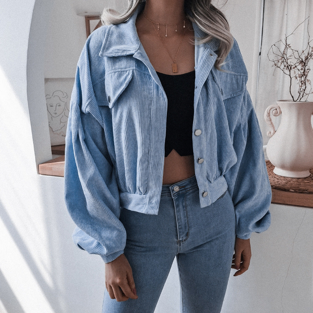Women's Cropped Corduroy Lantern Sleeve Jacket