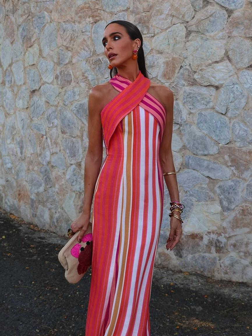 Women's cross-halter striped maxi dress