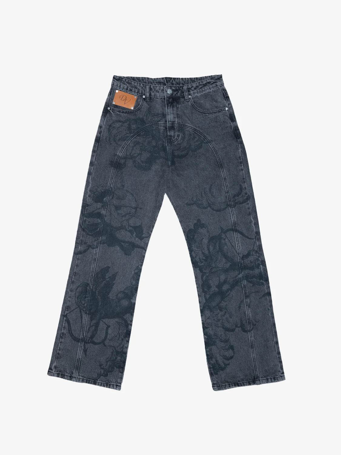 Women's Black Cupid Print Baggy Jeans — front view
