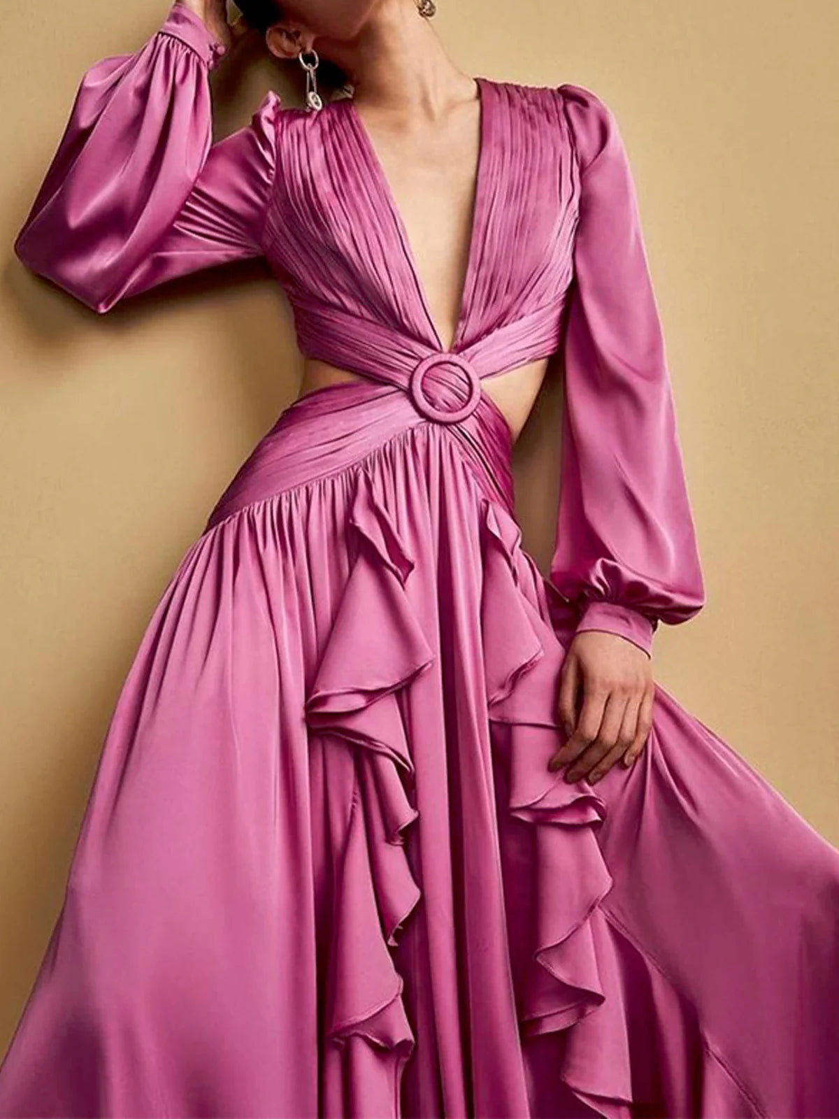 Women's V-Neck Cutout Ruffle Maxi Dress