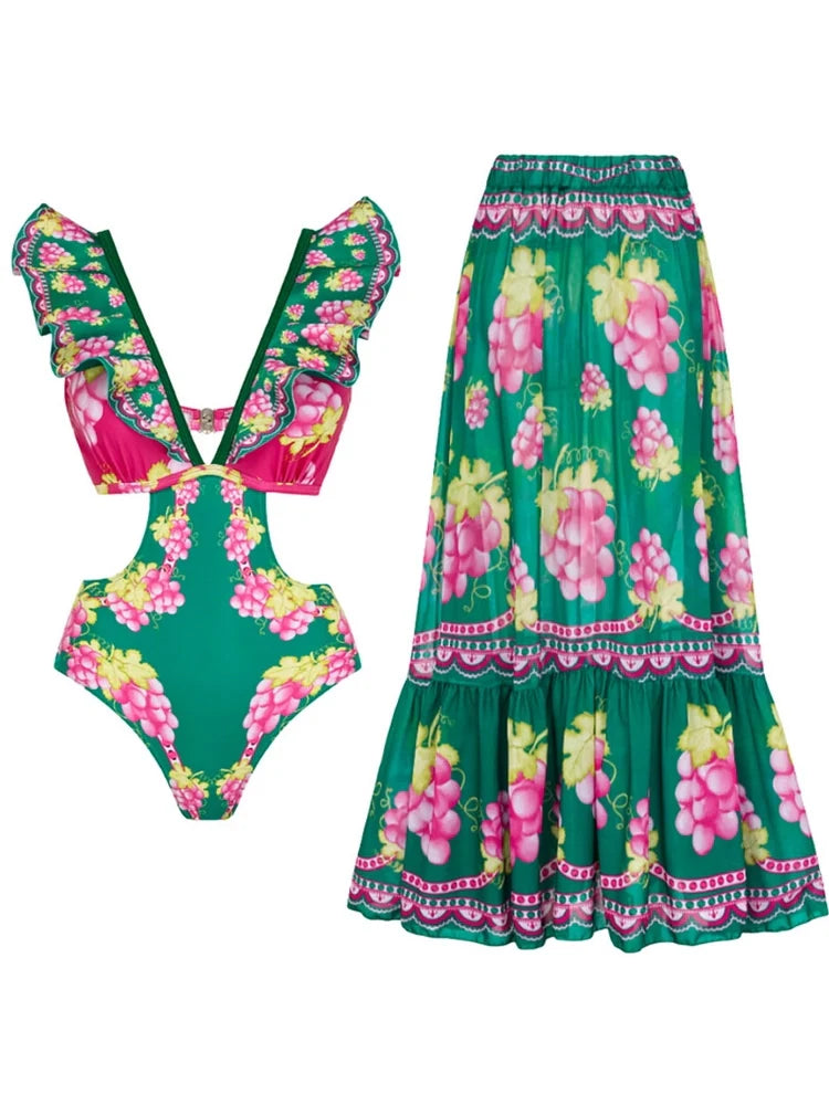 Women's cutout ruffle swimsuit maxi set — front detail