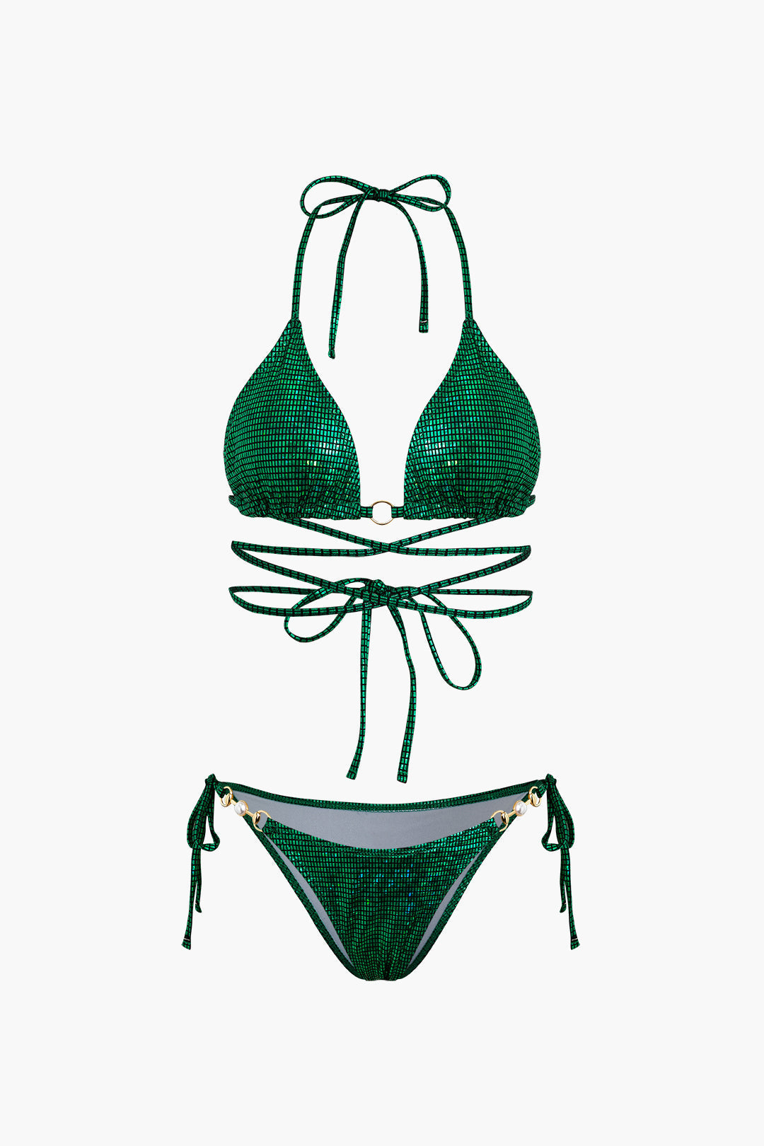 Women's dark green grid print halter bikini set