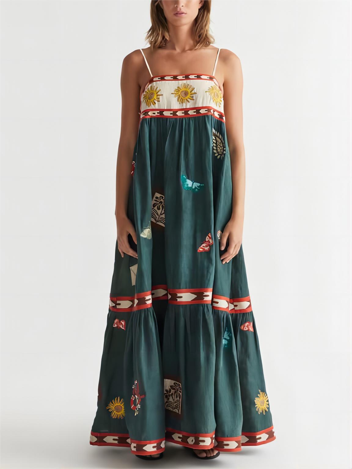 Women's dark green printed sleeveless midi dress