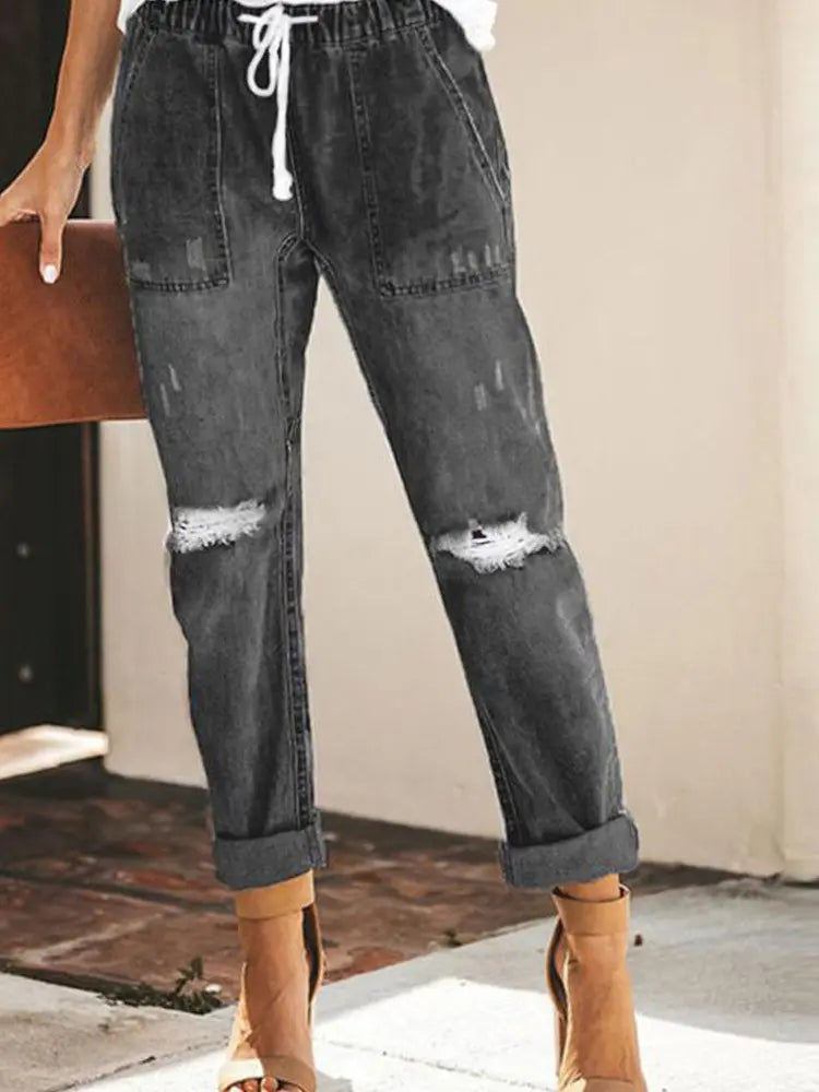 Women's Dark Grey Ripped Denim Joggers