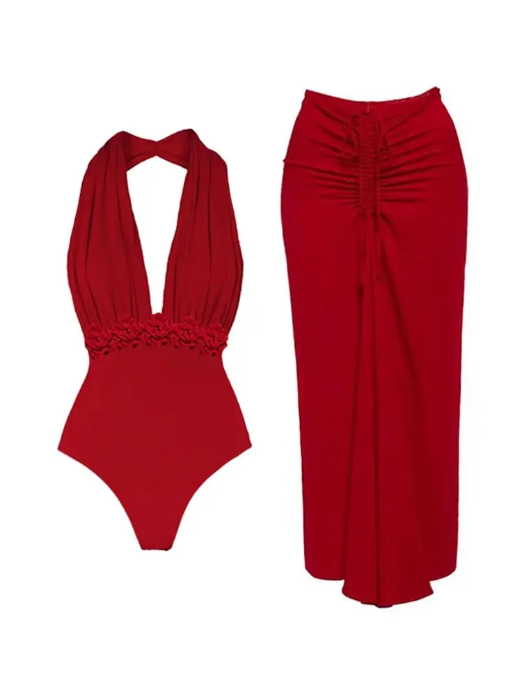 Women's deep V halter one-piece swimsuit