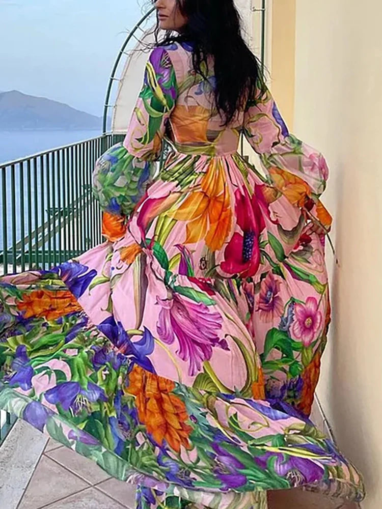 Women's printed deep V one-piece swimsuit with lantern sleeves — alternate angle