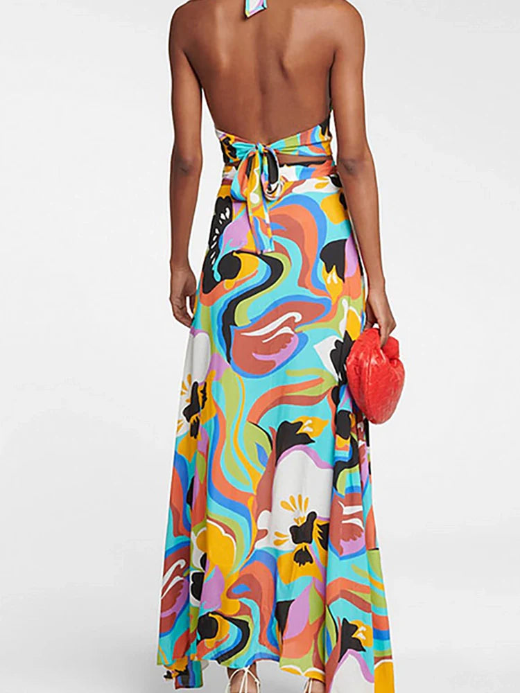 Women's deep-V halter print swimsuit set — back view