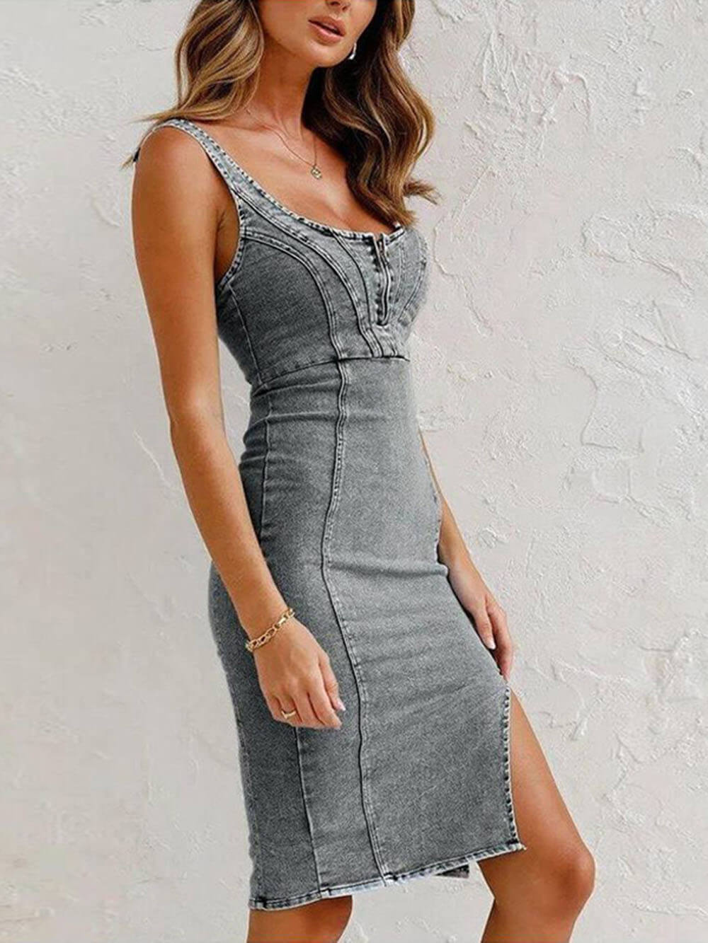 Women's grey adjustable strap denim midi dress — alternate angle