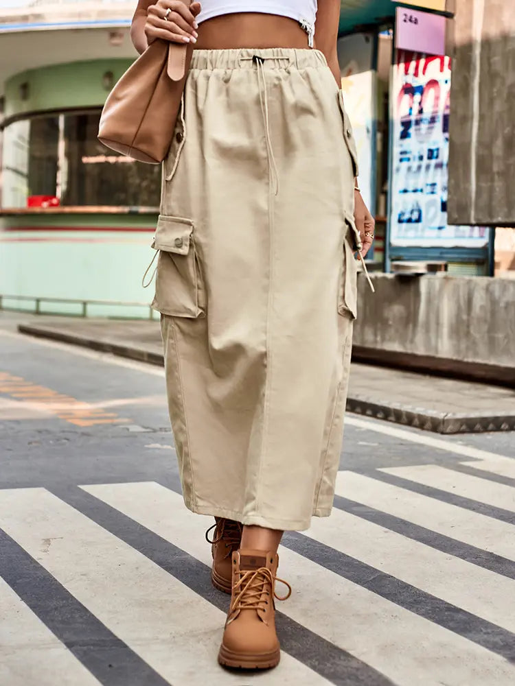 Women's denim cargo midi skirt with drawstring waist and pockets