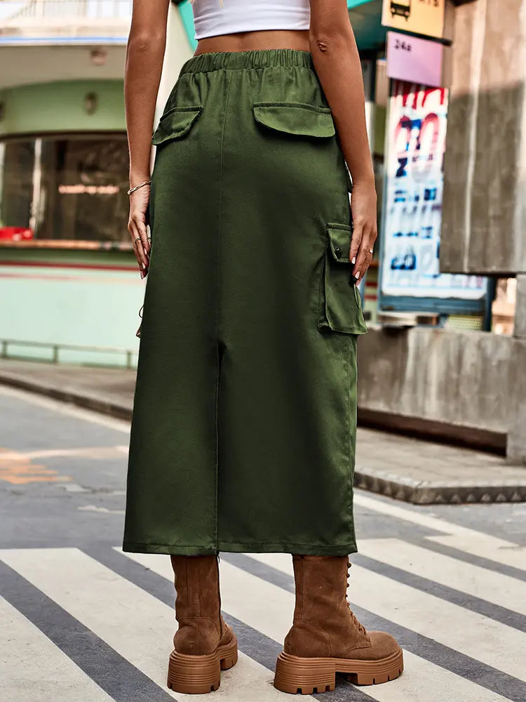 Women's denim cargo midi skirt with drawstring waist and pockets — alternate angle
