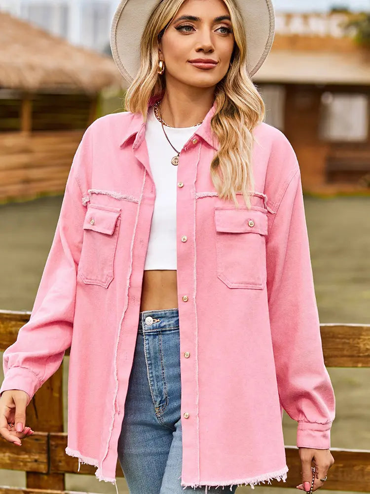 Women's denim frayed hem fringe shirt