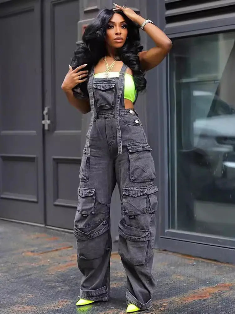 Women's denim jumpsuit with suspender straps, loose fit