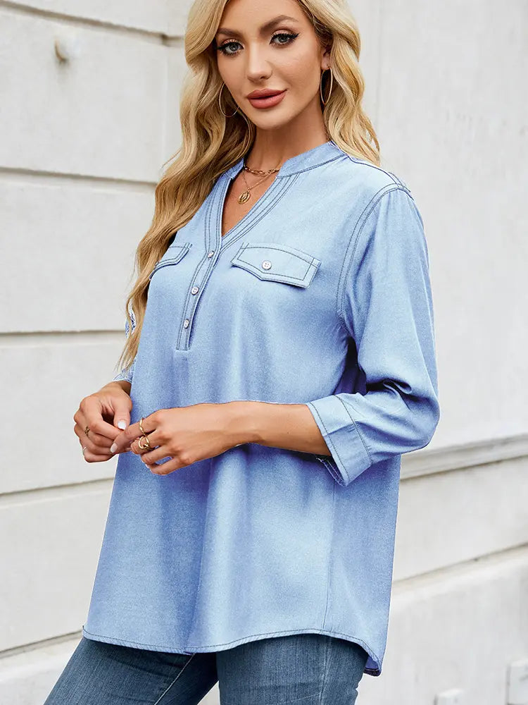 Women's Denim-Look Button-Down Shirt — front view