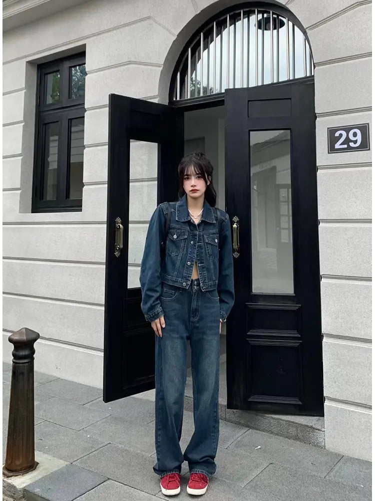 Women's denim two-piece set — wide-leg jeans