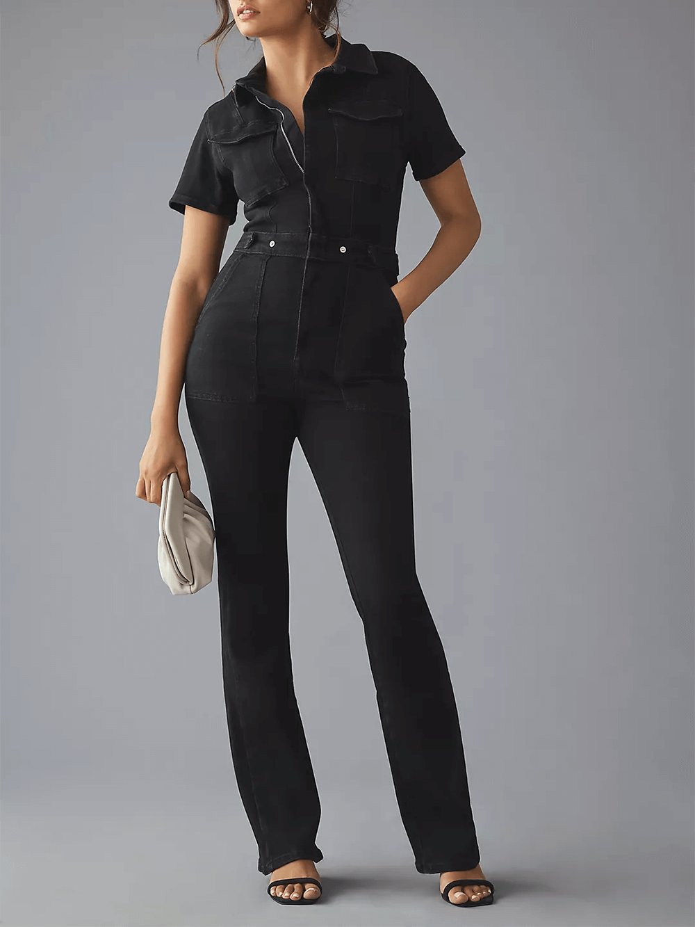 Women's denim V-neck belted jumpsuit — full length