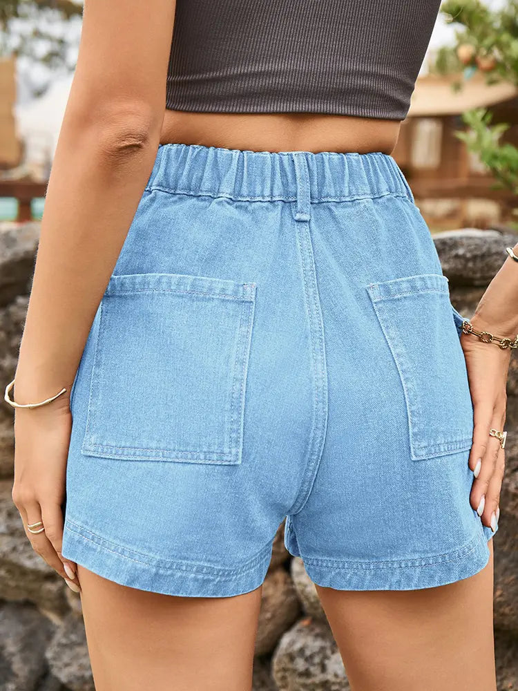 Women's Distressed Denim Cargo Shorts — side view
