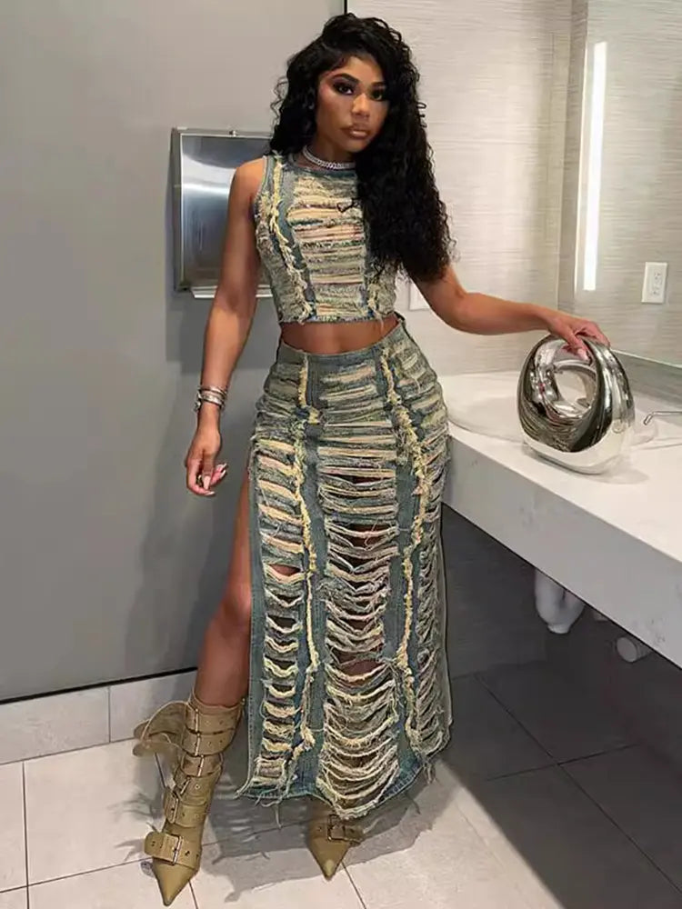 Women's distressed denim vest skirt set