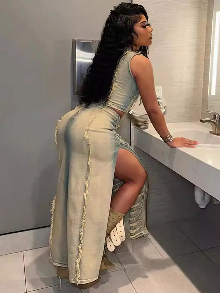 Women's distressed denim vest skirt set — styled look