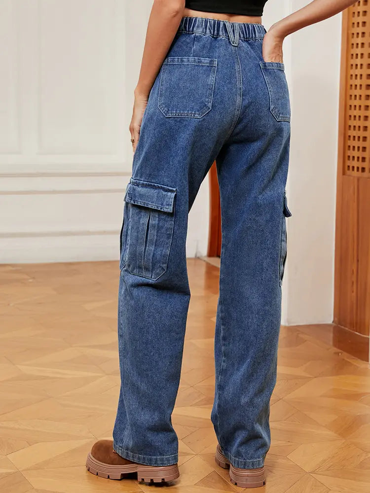 Women's Elastic Waist Denim Cargo Pants — alternate angle