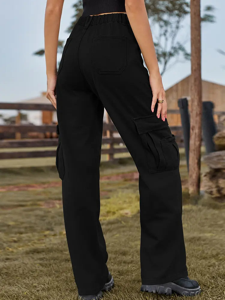 Women's Elastic Waist Denim Cargo Pants — pocket detail