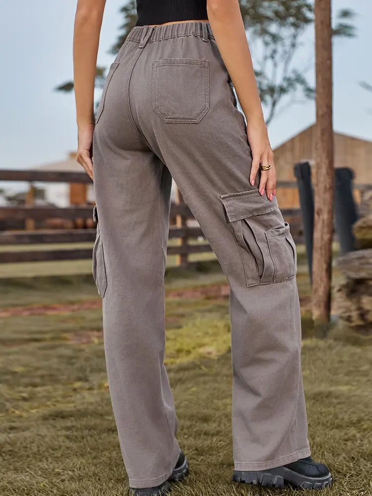 Women's Elastic Waist Denim Cargo Pants — back view