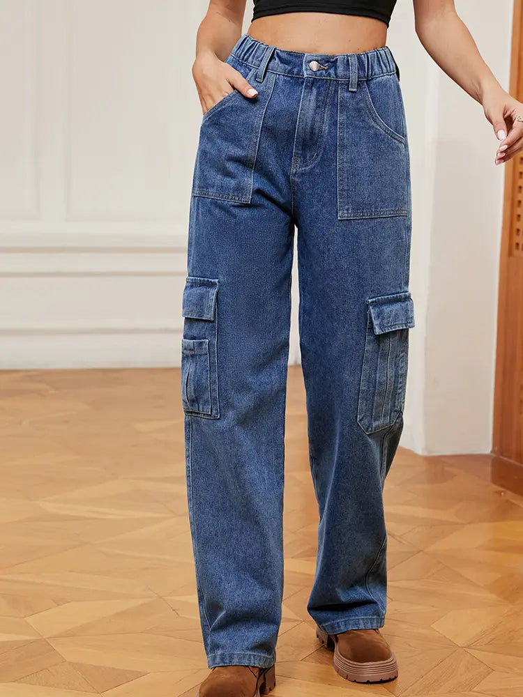 Women's Elastic Waist Denim Cargo Pants — fabric detail