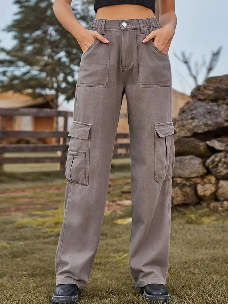 Women's Elastic Waist Denim Cargo Pants — full length
