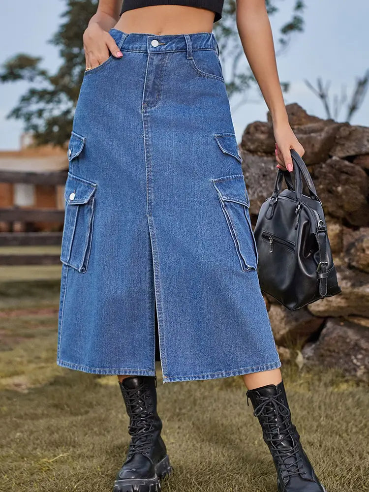 Women's Elastic Waist Denim Midi Skirt