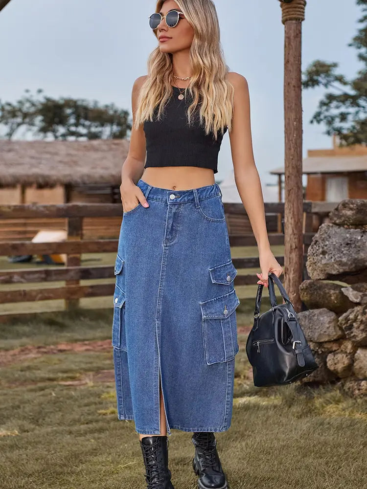 Women's Elastic Waist Denim Midi Skirt — alternate angle