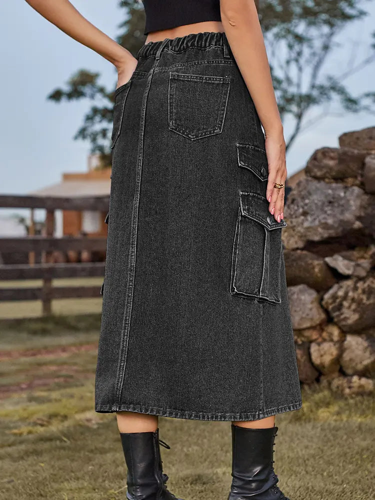 Women's Elastic Waist Denim Midi Skirt — waistband detail