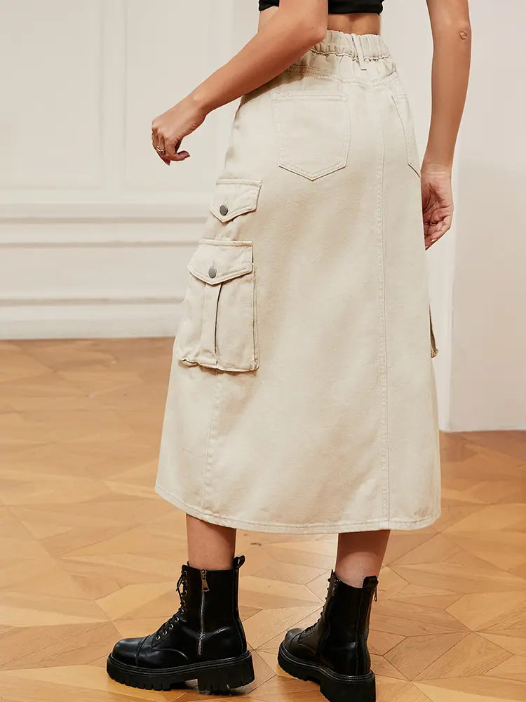 Women's Elastic Waist Denim Midi Skirt — fabric detail