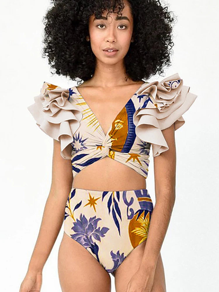 Women's ethnic print ruffle bikini set