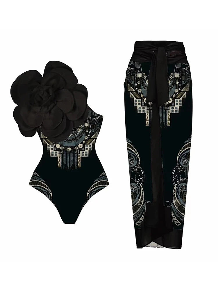 Women's floral 3D black flower swimsuit