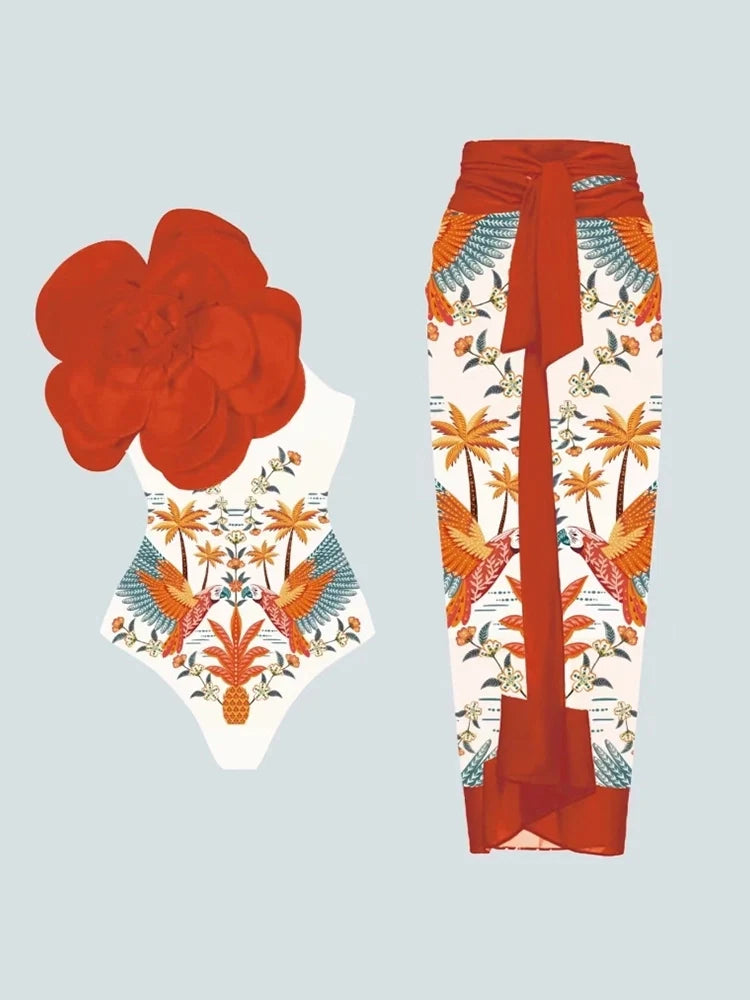 Women's floral 3D flower one-piece swimsuit