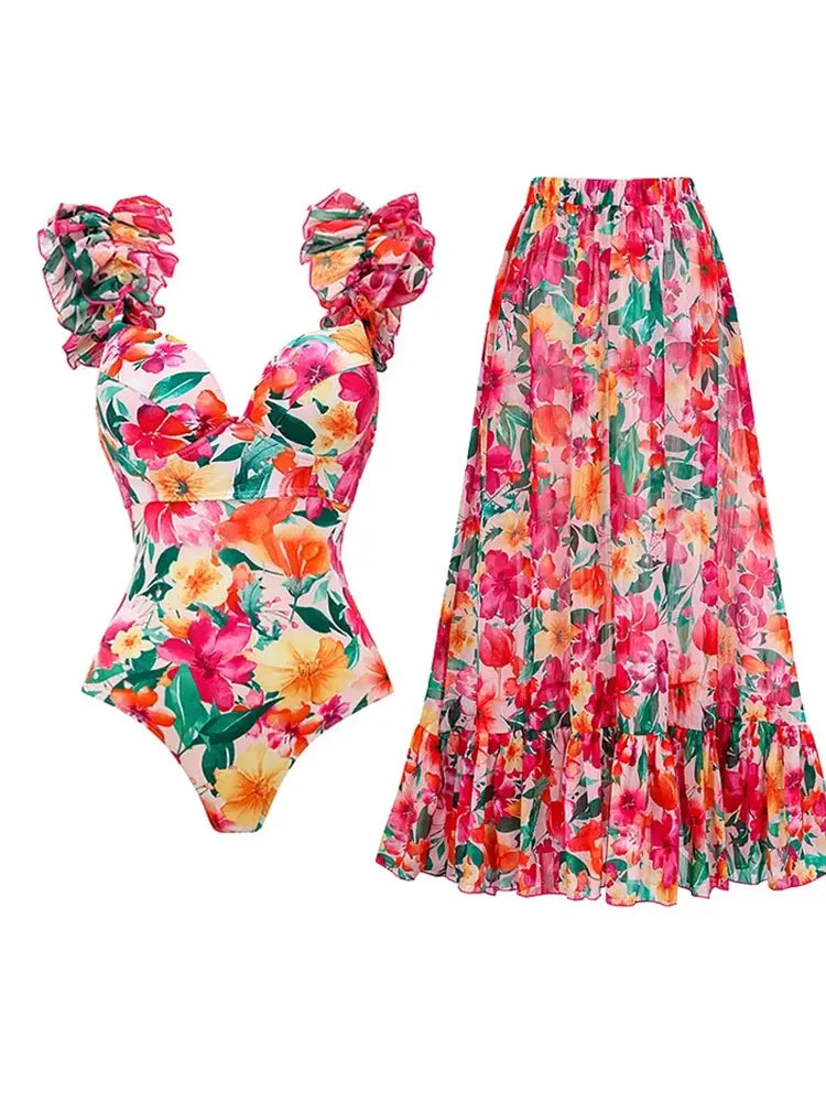 Women's floral backless beach swimsuit set — alternate angle