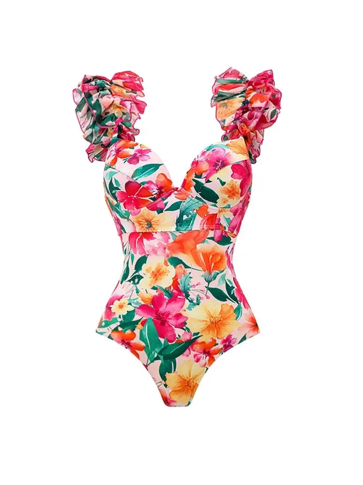 Women's floral backless beach swimsuit set — detail view