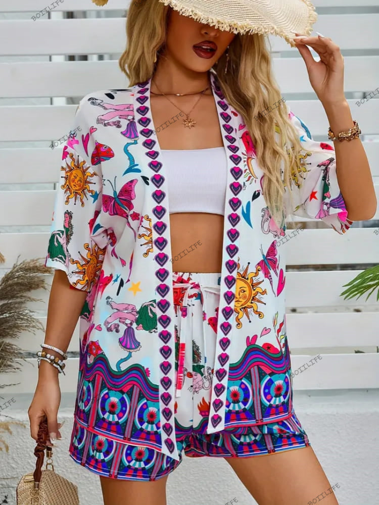 Women's Floral Cardigan and Shorts Set