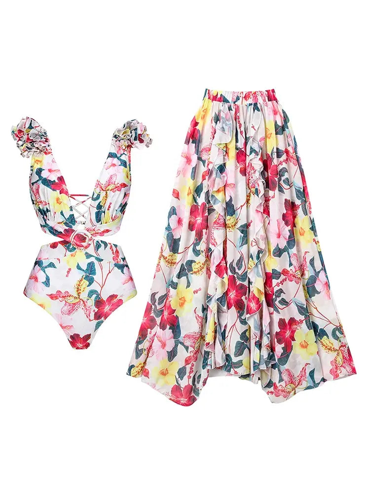 Women's floral cutout one-piece swimsuit — long sleeve style