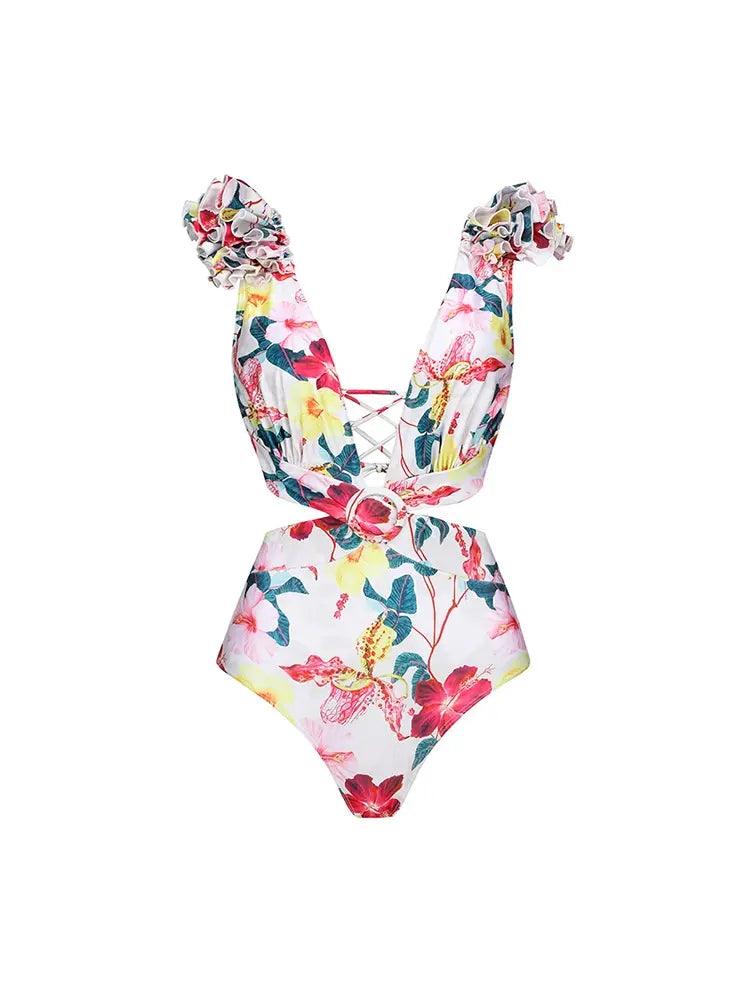 Women's floral cutout one-piece swimsuit — long sleeve style detail