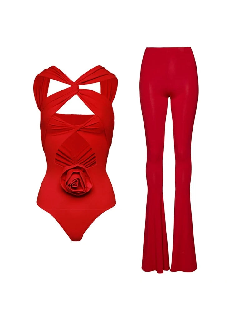 Women's floral appliqué cutout swimsuit set — detail view