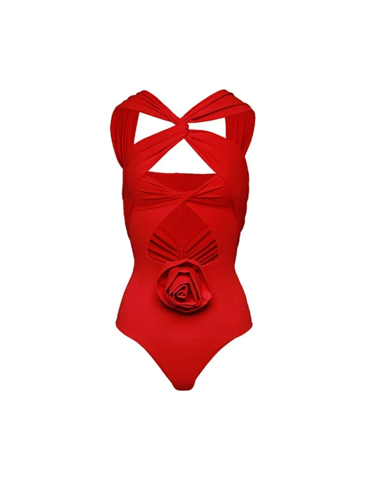 Women's floral appliqué cutout swimsuit set — full length