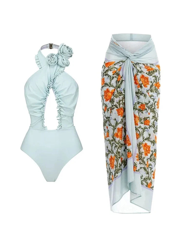 Women's floral halter swimsuit and skirt set