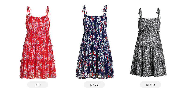 Women's floral tiered spaghetti strap mini dress — back view