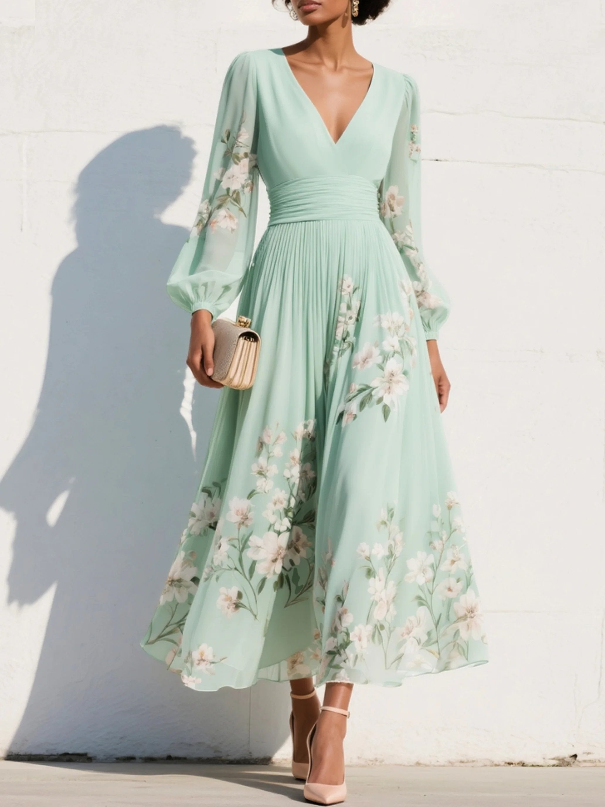 Floral Balloon-Sleeve Midi Dress