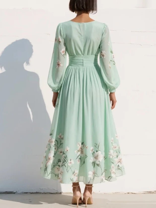 Floral Balloon-Sleeve Midi Dress