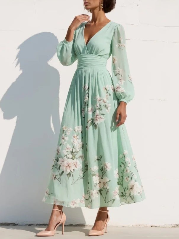 Floral Balloon-Sleeve Midi Dress